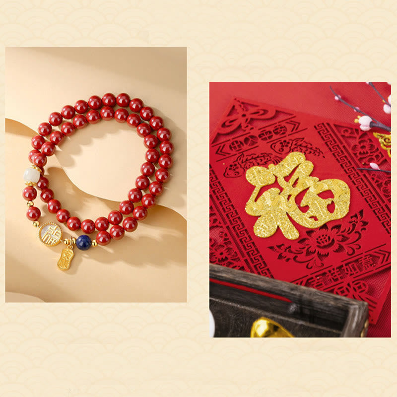 Cinnabar Bracelet with Fu Character and Tridacna Stone