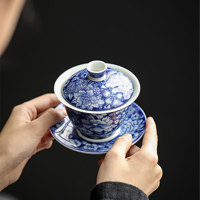 Vintage Blue White Porcelain Gaiwan Tea Cup Set 150ml Meditation