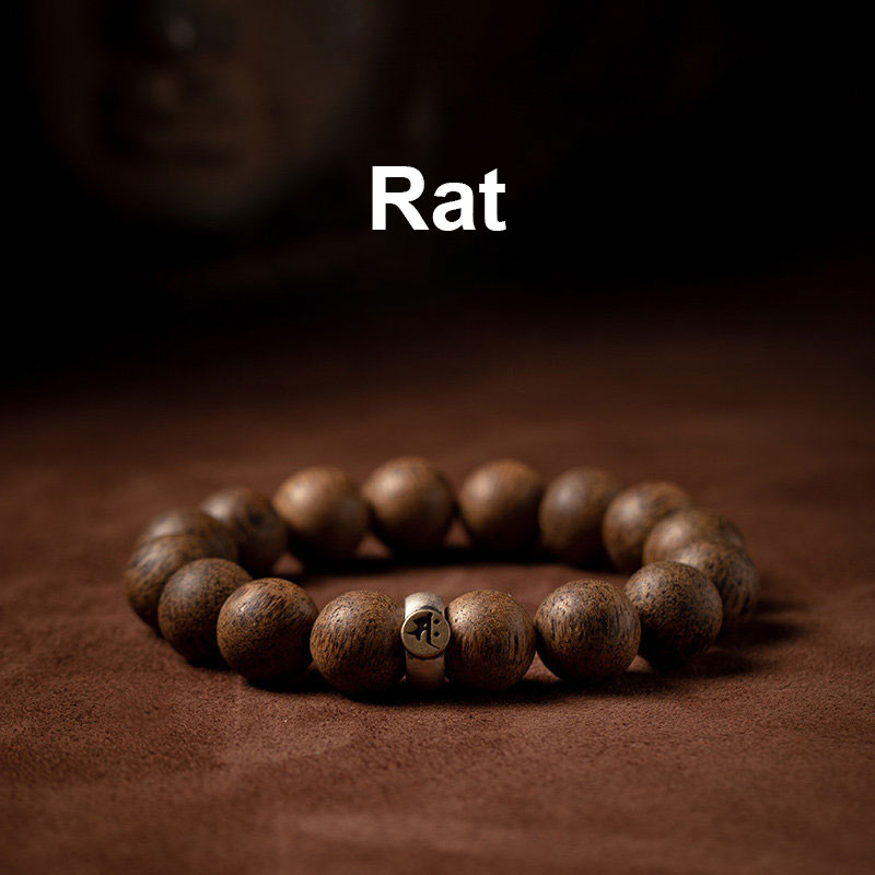 Natural Agarwood Chinese Zodiac Peace Bracelet 12mm Beads
