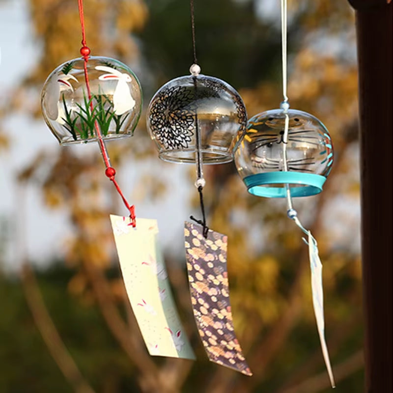 Japanese Glass Wind Chimes with Decorative Tags for Outdoor Decor