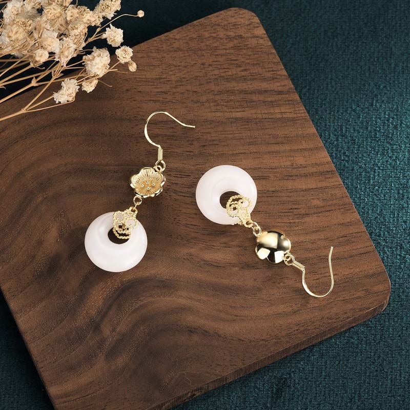 White Jade Blessing Drop Earrings for Protection & Luck