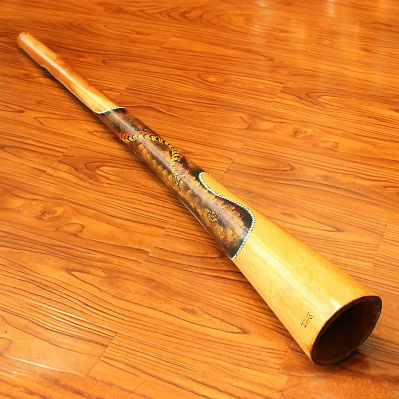 Traditional wooden Didgeridoo with artwork and flared bell for sound healing