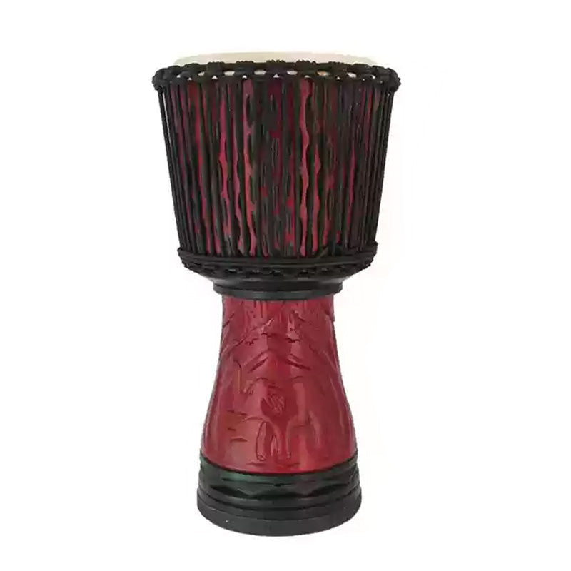 Red and black African Djembe drum with carved patterns, Mahogany wood and goat skin