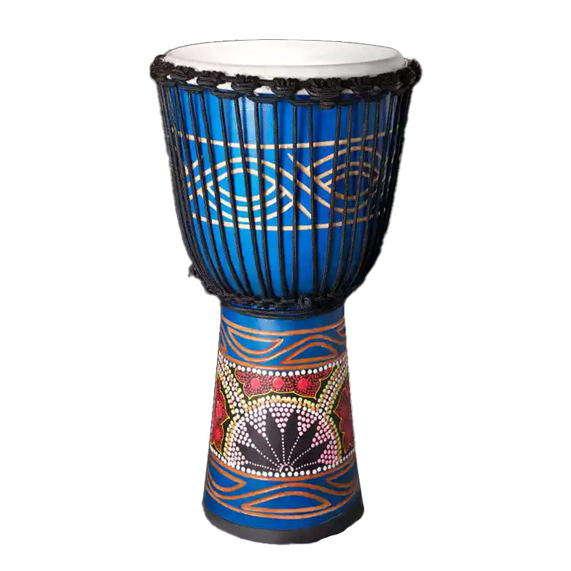 Colorful African Djembe Drum with Blue, Red, and Dotted Patterns for Sale