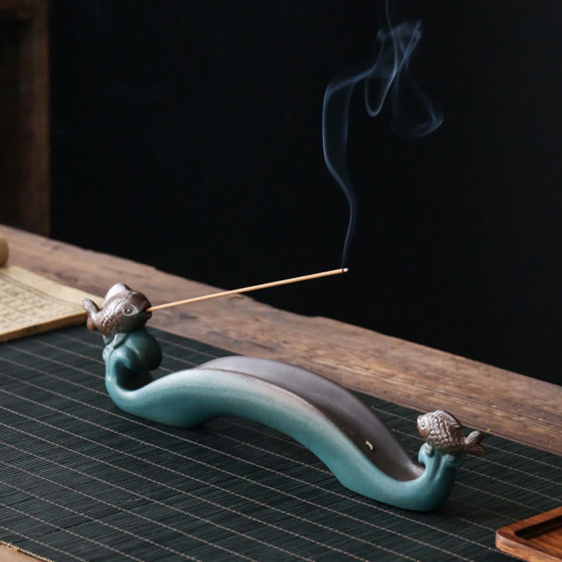 Double Koi Fish Ceramic Incense Burner for Harmony & Healing