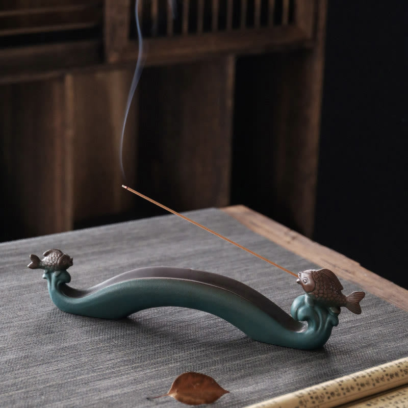 Double Koi Fish Ceramic Incense Burner for Harmony & Healing