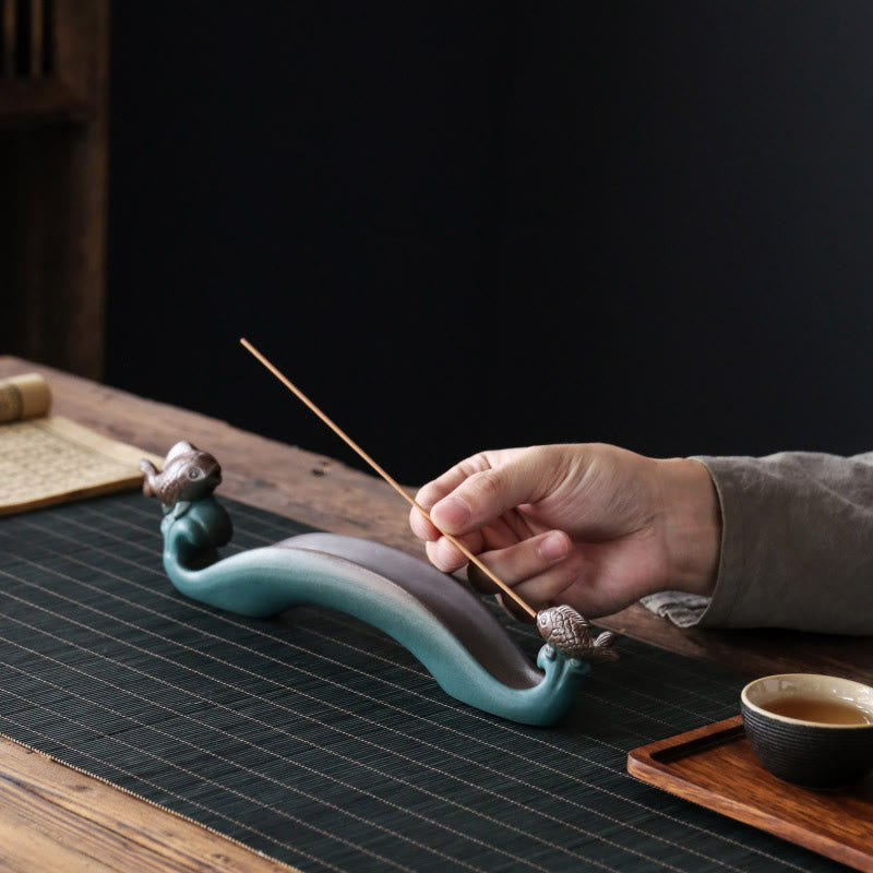 Double Koi Fish Ceramic Incense Burner for Harmony & Healing