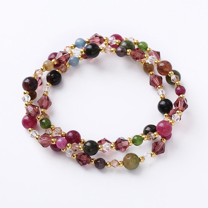 Double Wrap Amethyst Bracelet with Tourmaline & Strawberry Quartz for Peace