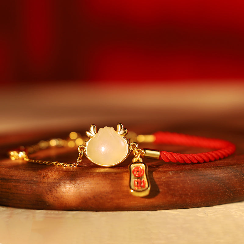 Dragon Bracelet in Hetian White Jade and 925 Sterling Silver for Protection