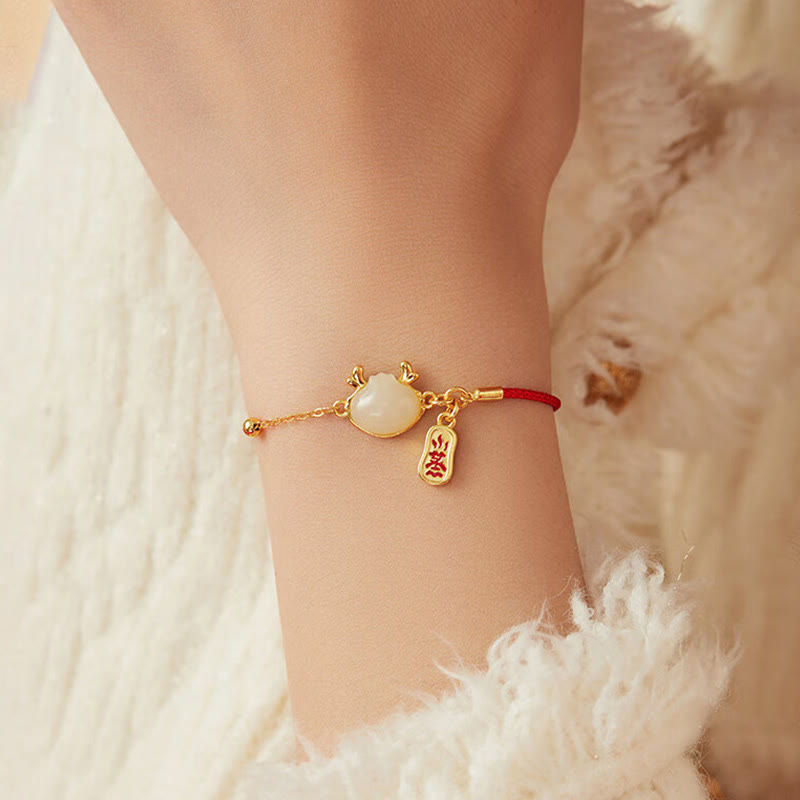 Dragon Bracelet in Hetian White Jade and 925 Sterling Silver for Protection