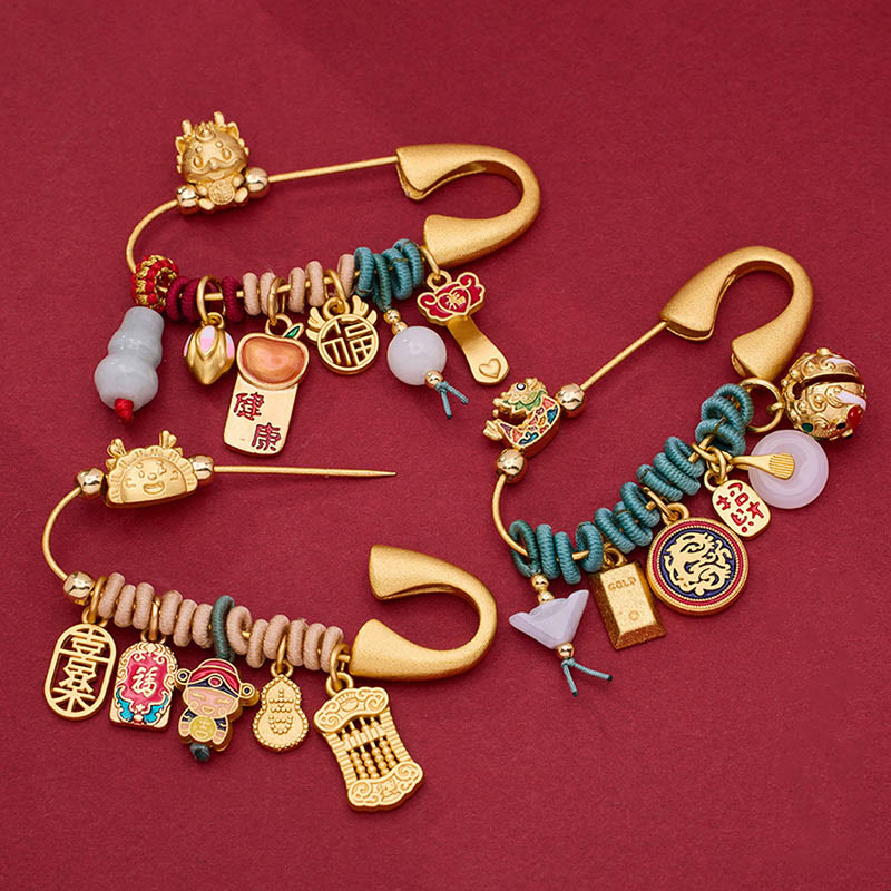 Dragon Fu Character Brass Brooch for Protection & Fortune