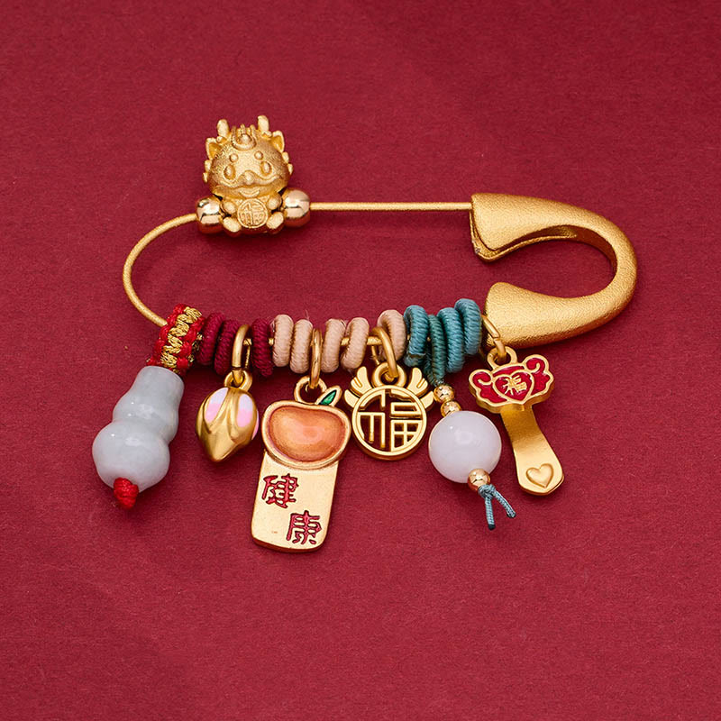 Dragon Fu Character Brass Brooch for Protection & Fortune