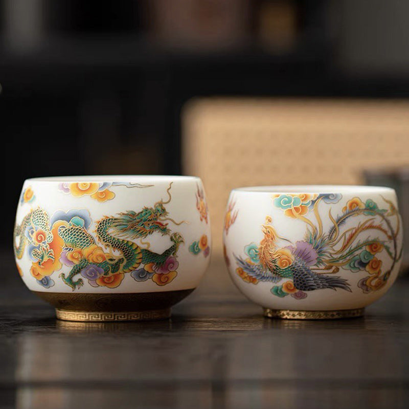 Dragon Phoenix Ceramic Teacup with Auspicious Clouds | Zen Decor