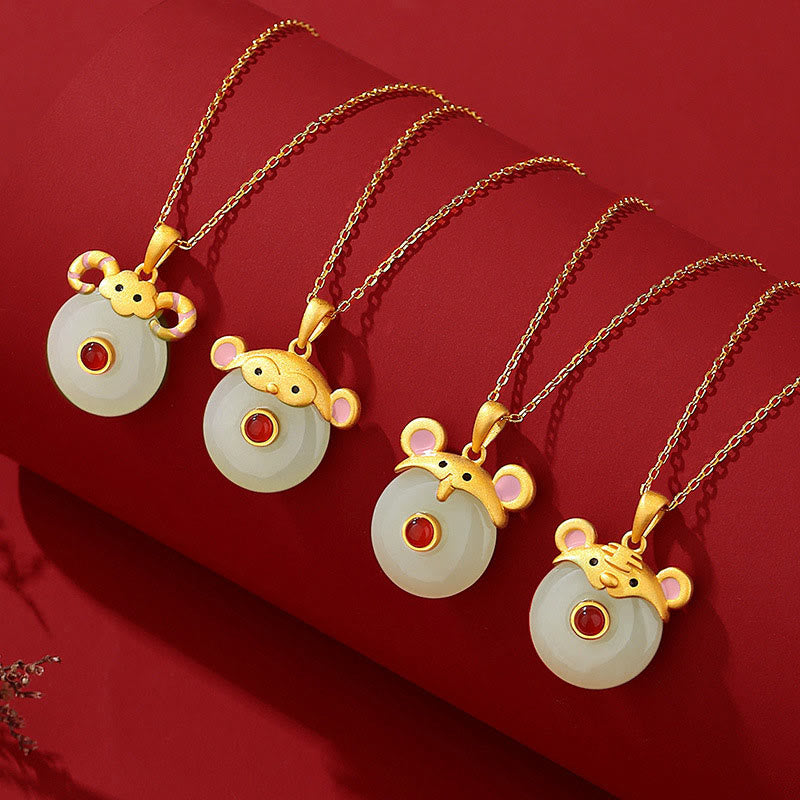 Dragon Zodiac Necklace | Sterling Silver with Hetian Jade & Red Agate