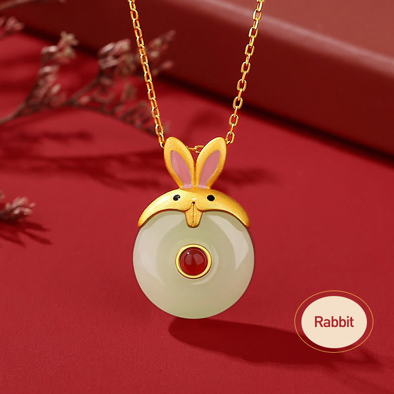 Dragon Zodiac Necklace | Sterling Silver with Hetian Jade & Red Agate