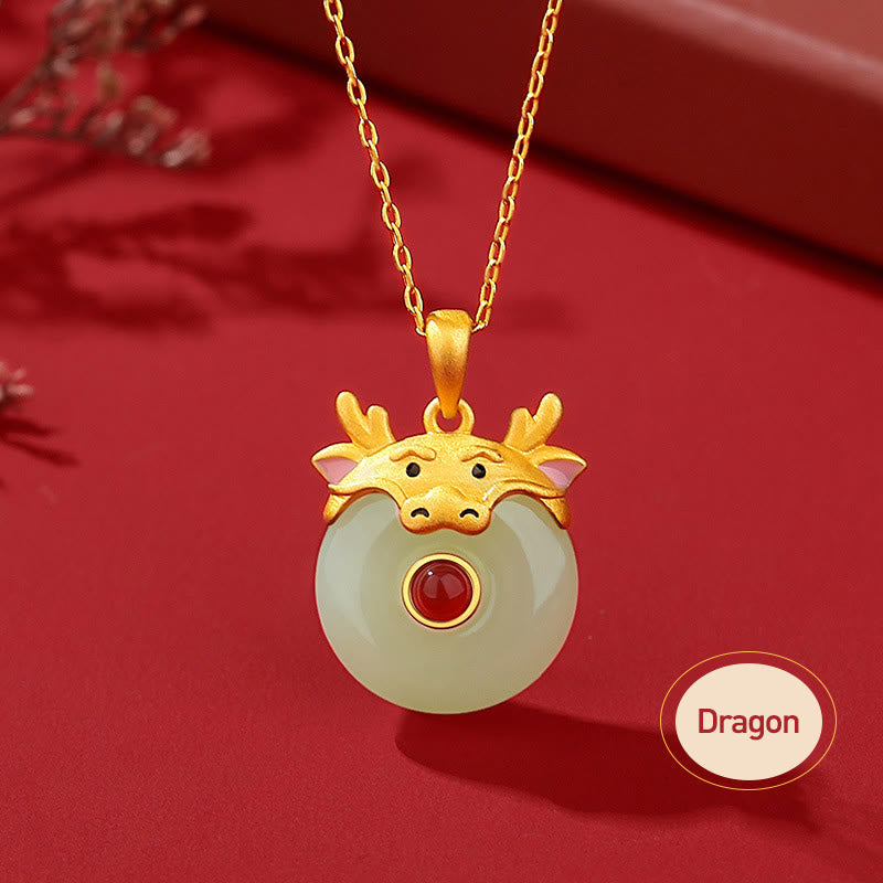 Dragon Zodiac Necklace | Sterling Silver with Hetian Jade & Red Agate