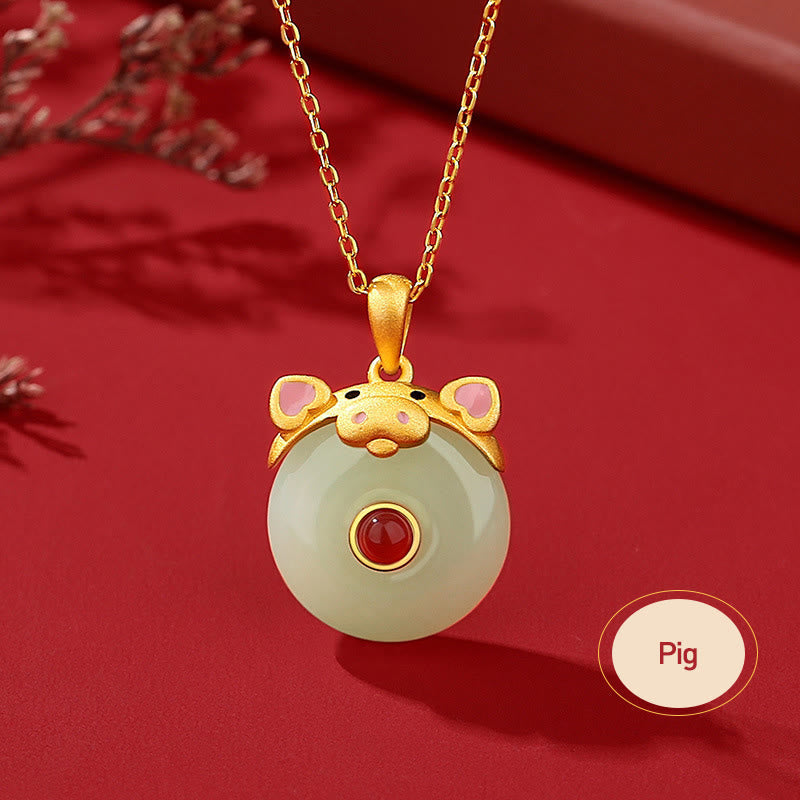 Dragon Zodiac Necklace | Sterling Silver with Hetian Jade & Red Agate