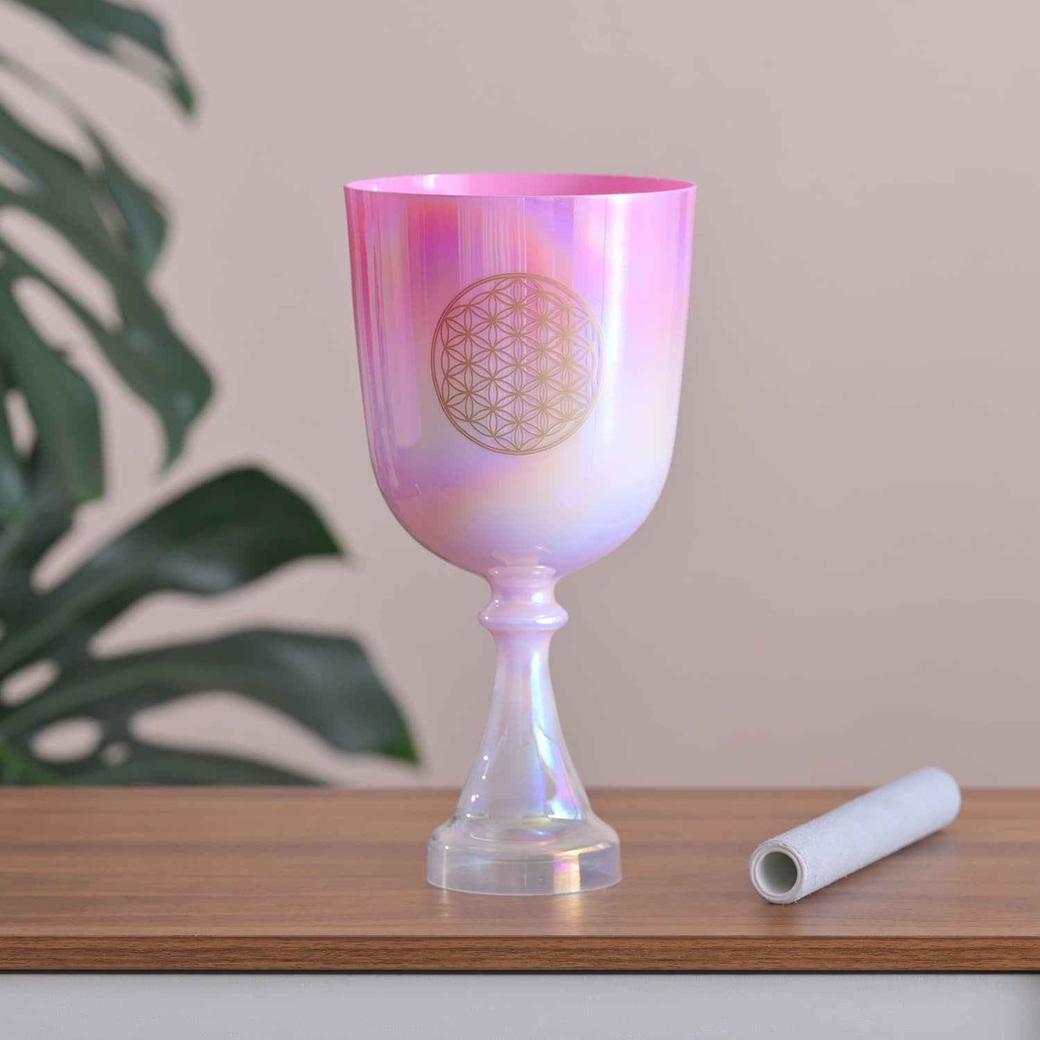 Pink and white geometric patterned chalice for sound healing in Dream Pink Crystal design