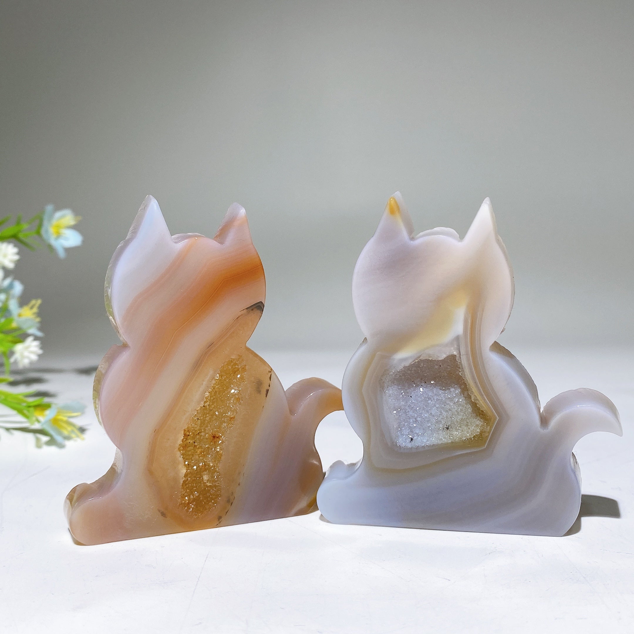 Druzy Agate Cat Carving Slab Figurine 1.9" - 3.0" Size