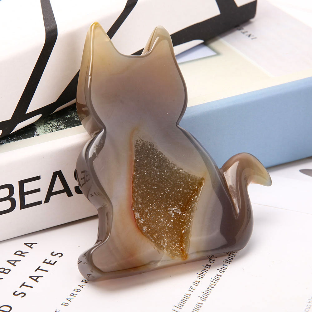 Druzy Agate Crystal Cat Figurine 4-Inch Healing Sculpture