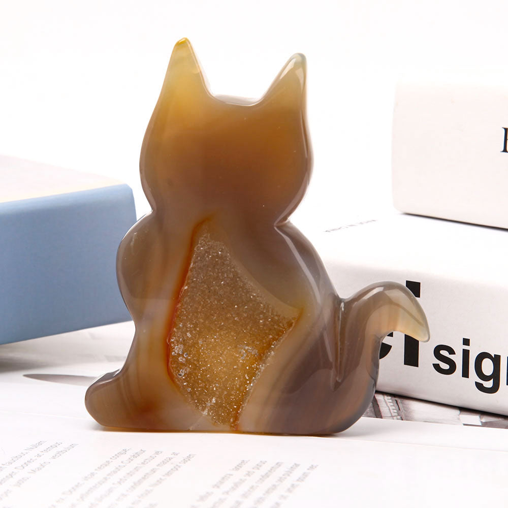 Druzy Agate Crystal Cat Figurine 4-Inch Healing Sculpture
