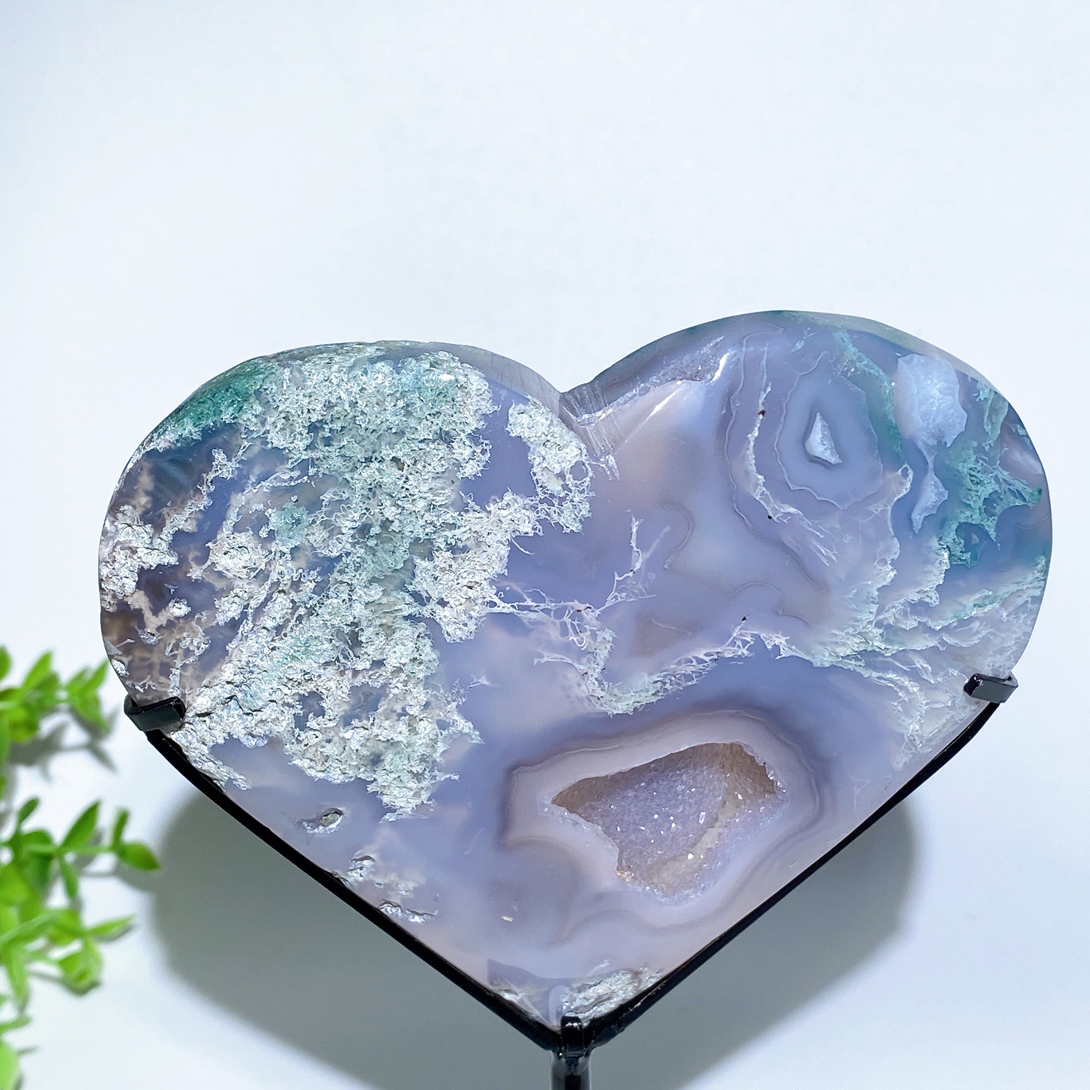 Druzy Moss Agate Heart 4-6 Inch Crystal Display
