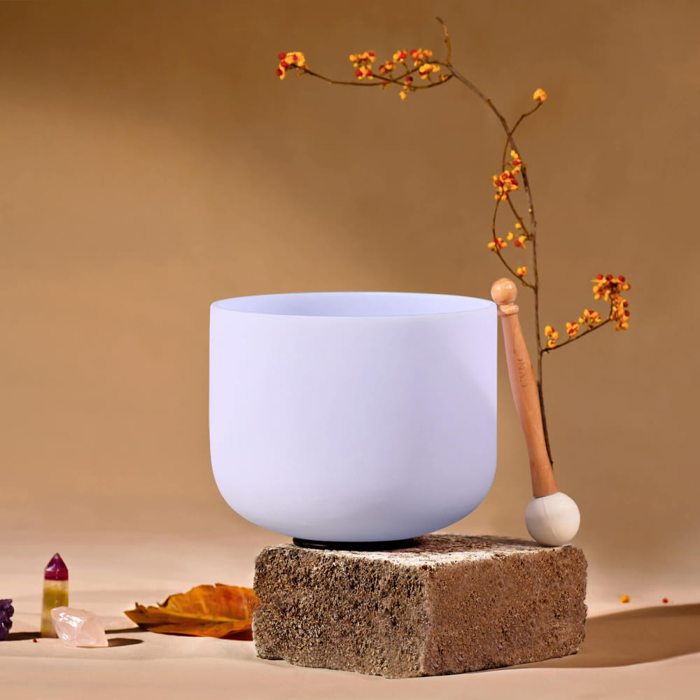 White ceramic bowl on concrete block for E Note Amethyst Gemstone Fusion Crystal Singing Bowl