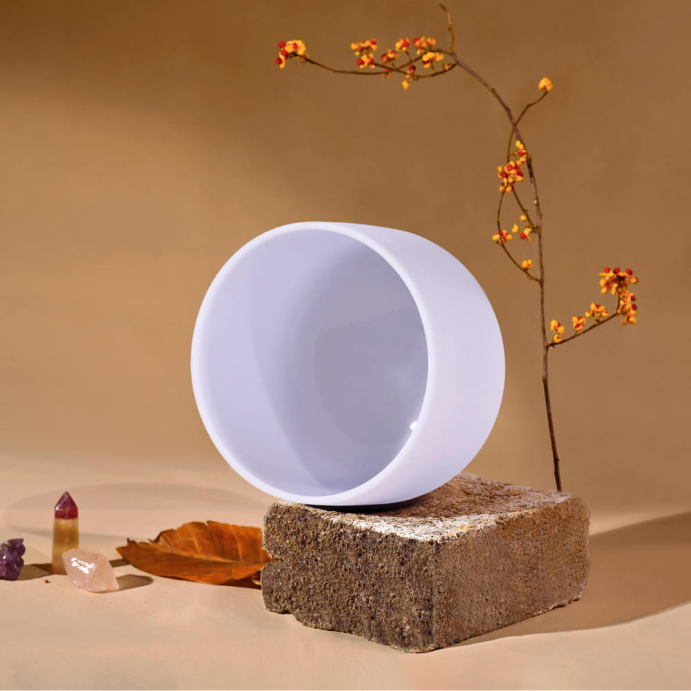 White cylindrical ceramic vessel for E Note Amethyst Gemstone Fusion Crystal Singing Bowl