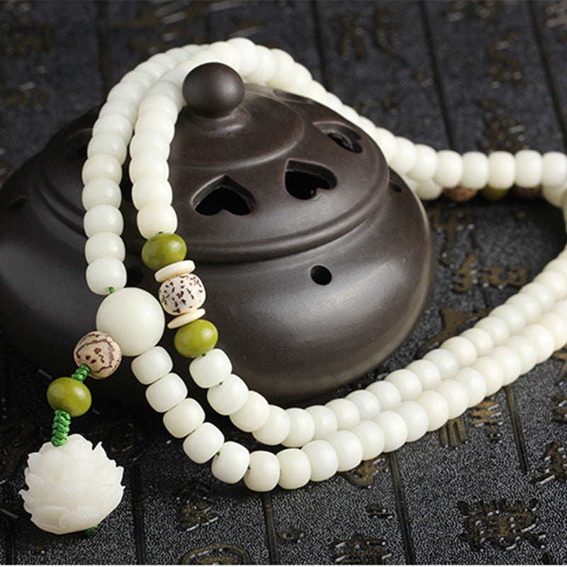 7x9mm White Jade Bodhi Lotus Mala Harmony Bracelet