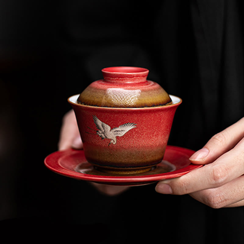 Red Auspicious Crane Ceramic Gaiwan Sancai Teacup | Zen Decor