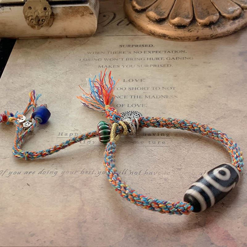 Om Mani Padme Hum Bracelet | Tibetan Dzi Bead Silver Braid