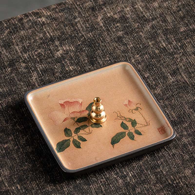 Ceramic Incense Burner Tray with Mountain Lake Flower Leaf Design