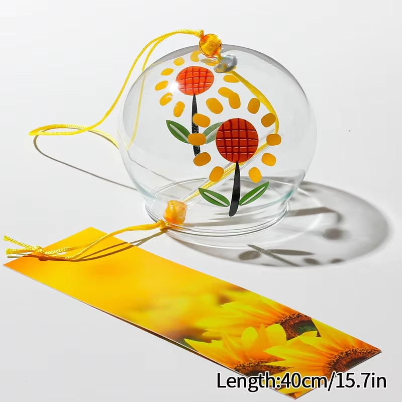 Glass wind chime with sunflower designs and yellow string for outdoor decor