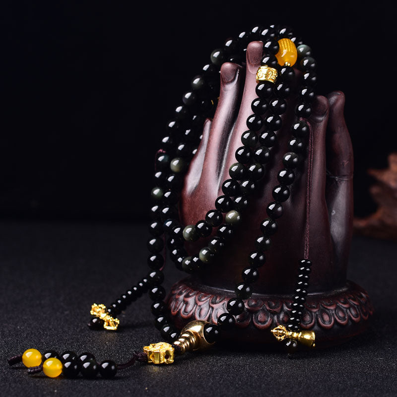 108 Beads Black Obsidian Lotus Fulfilment Mala Bracelet 6mm