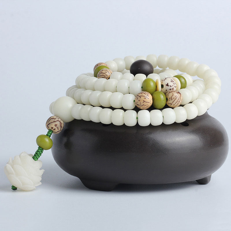 7x9mm White Jade Bodhi Lotus Mala Harmony Bracelet