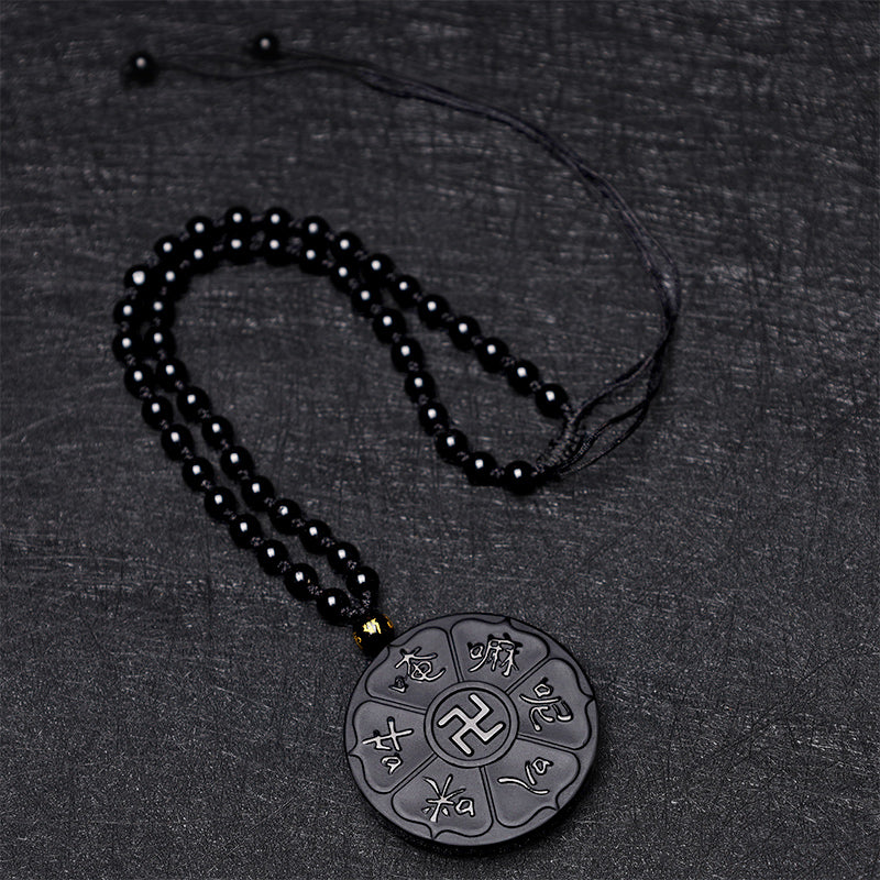 Black Obsidian Om Mani Padme Hum Necklace for Spiritual Luck