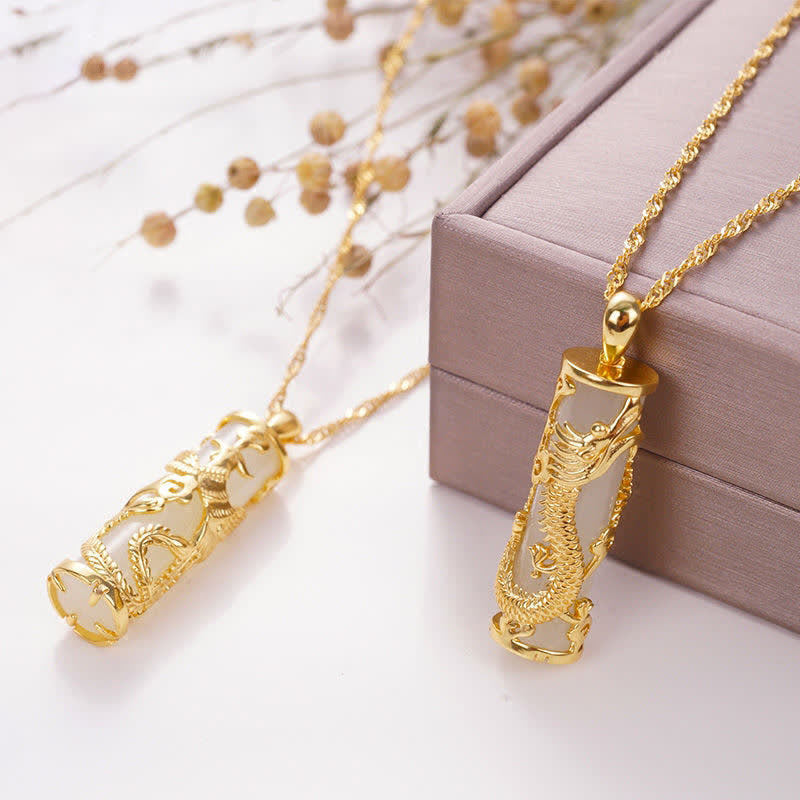 White Jade Dragon Phoenix Necklace | Copper Harmony Pendant