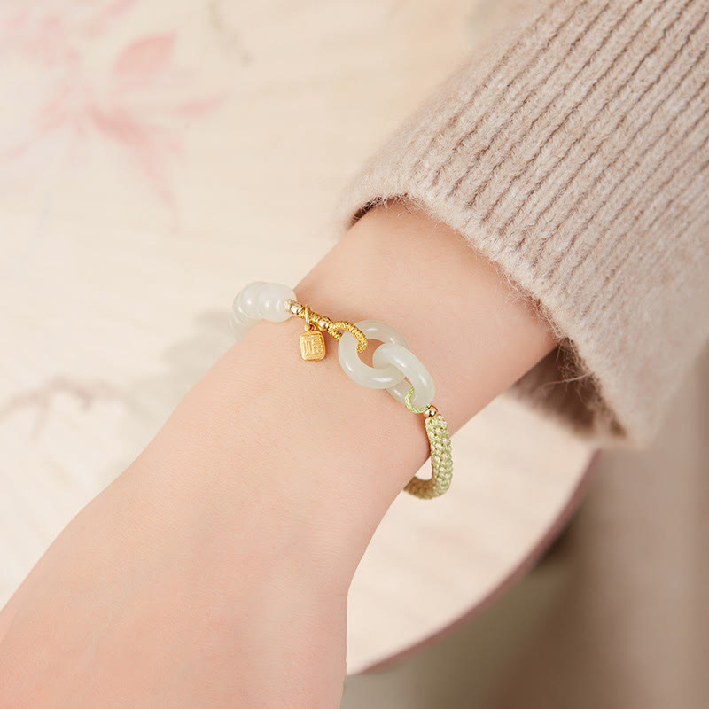 Natural Hetian Jade Double Peace Buckle Bracelet for Abundance