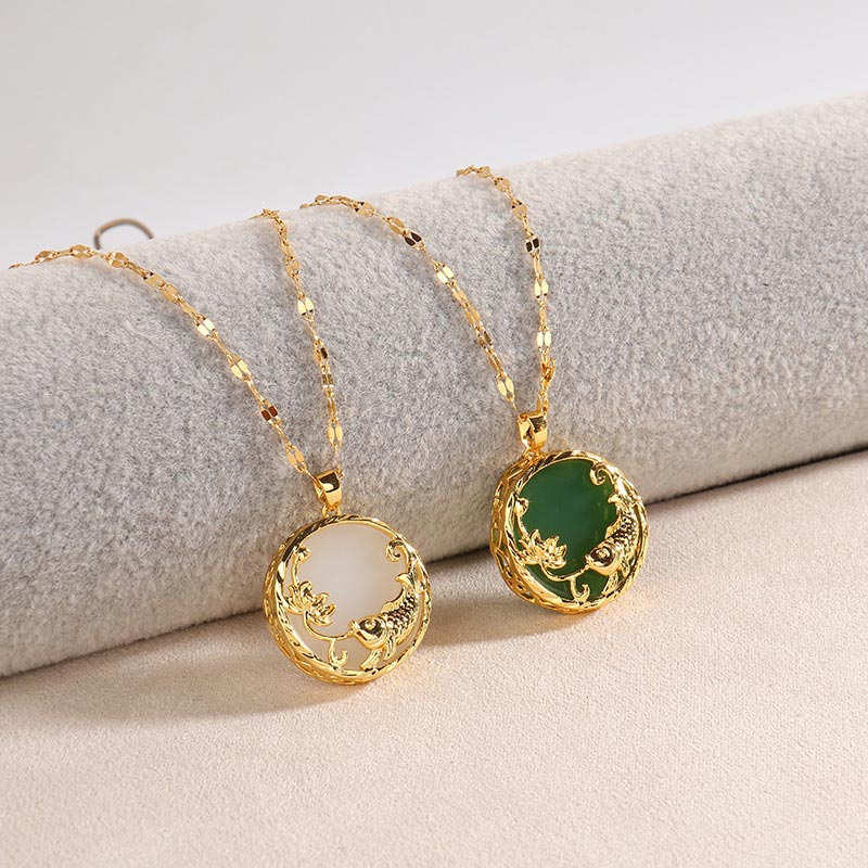 Natural Jade Koi Fish Lotus Luck Pendant Necklace
