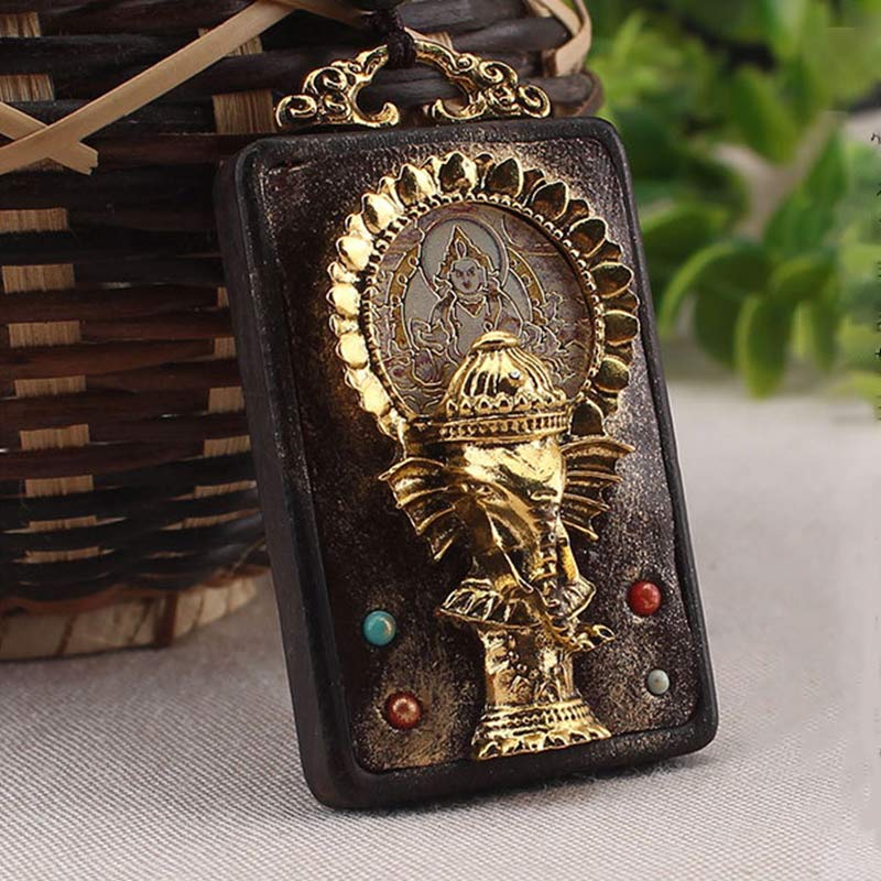 Ebony Wood Elephant Necklace with God of Fortune Pendant