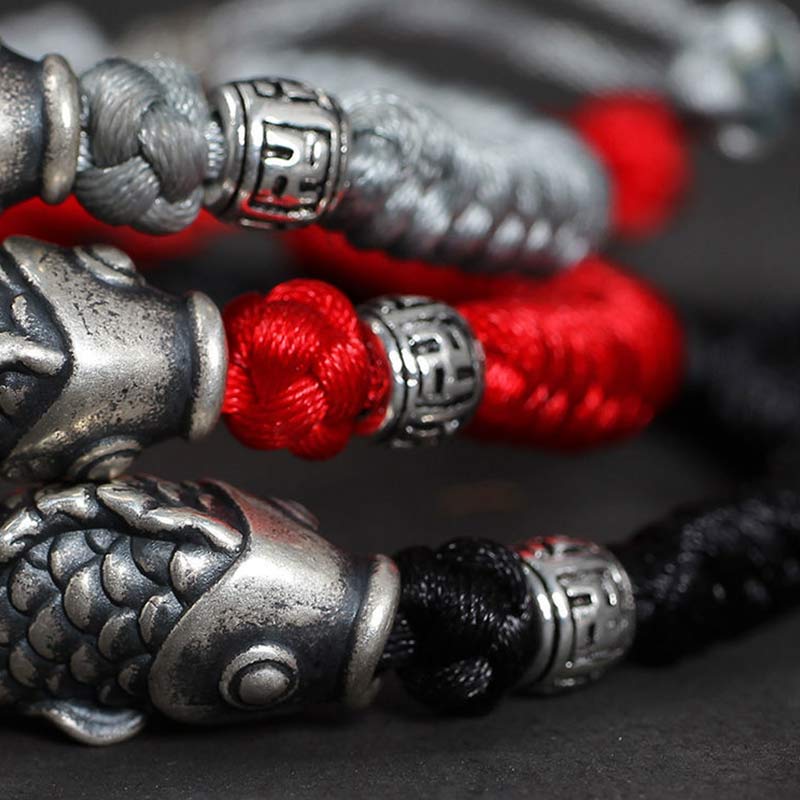 Sterling Silver Koi Fish Bracelet with Red Braided String