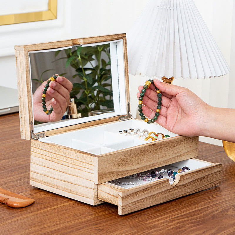 Two-Layer Beige Wooden Jewelry Box with Mirror | Spiritual Home Accents