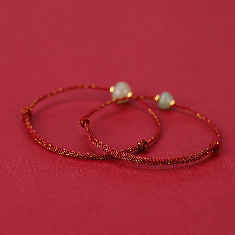 Small Hetian Jade Lotus Luck Red String Bracelet 6x8mm