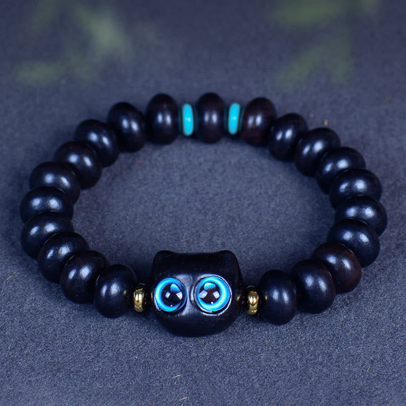 Ebony Wood Peace & Balance Bracelet with Cat Motif