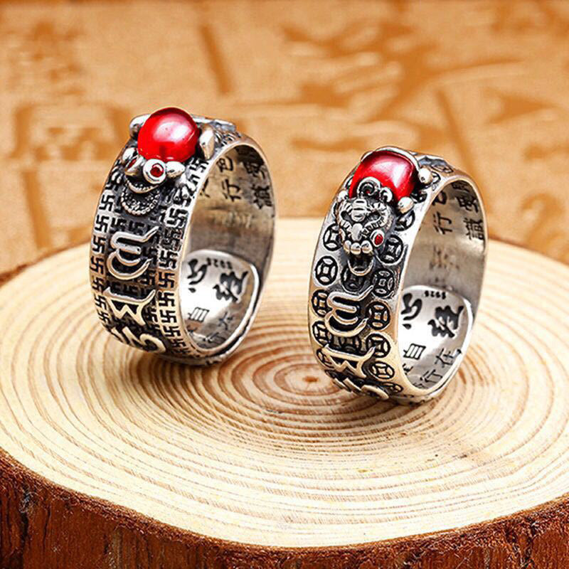 Unisex Adjustable Garnet Copper PiXiu Feng Shui Ring for Wealth