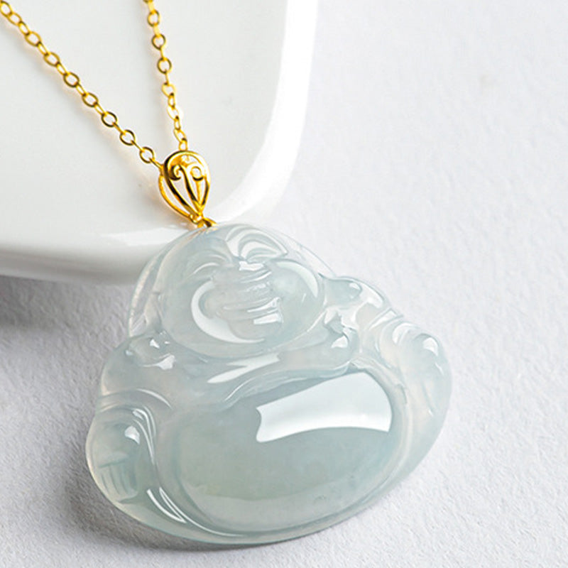 Laughing Buddha Jade Necklace Pendant 18K Gold for Abundance