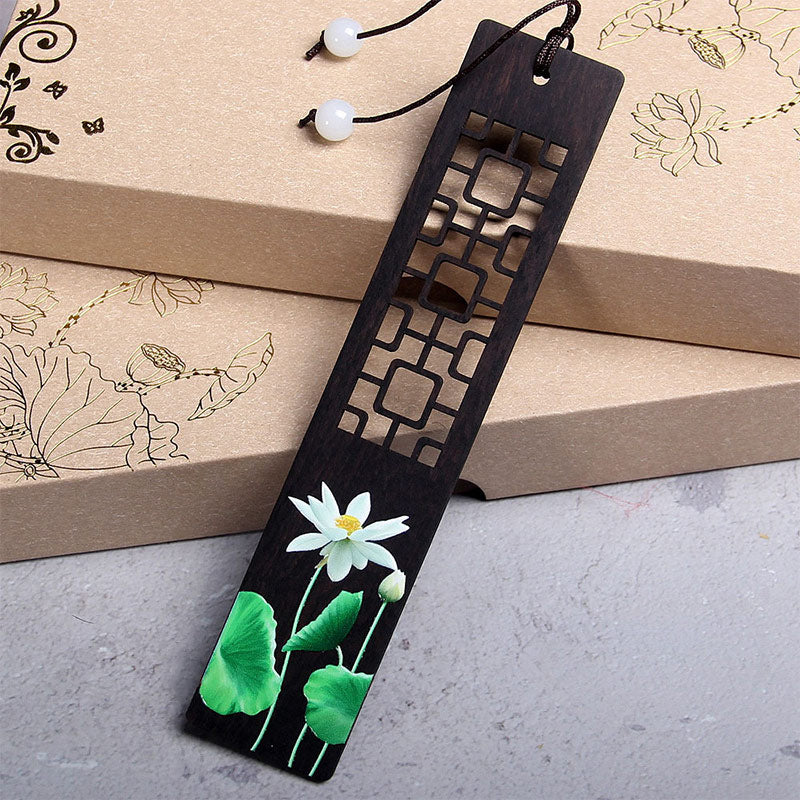 Ebony Wood Zen Bookmark with Green Lotus and Oriole Design