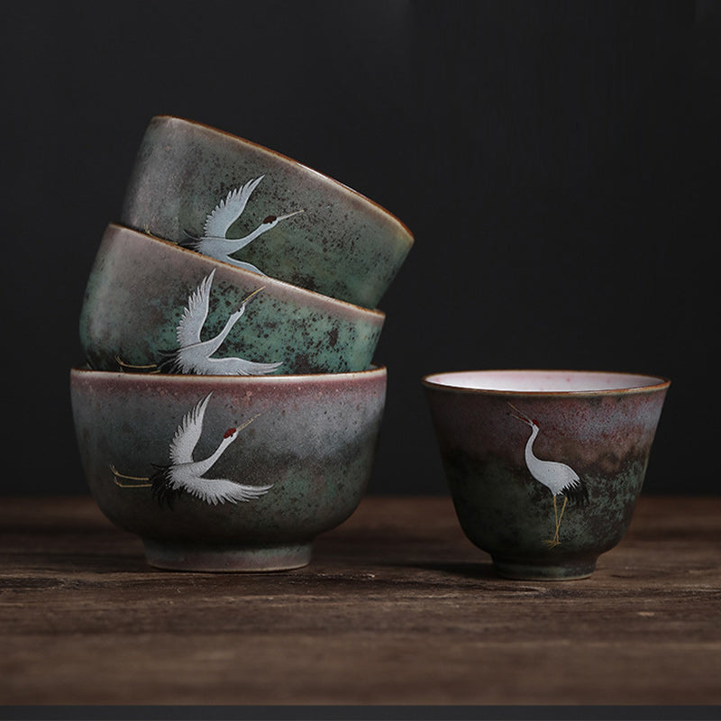 Auspicious Crane Ceramic Tea Cup for Meditation & Ritual