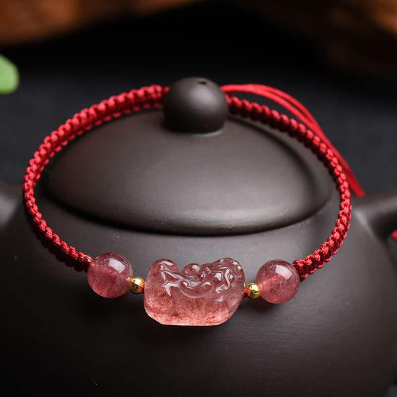 Natural Strawberry Quartz PiXiu Red String Bracelet for Luck