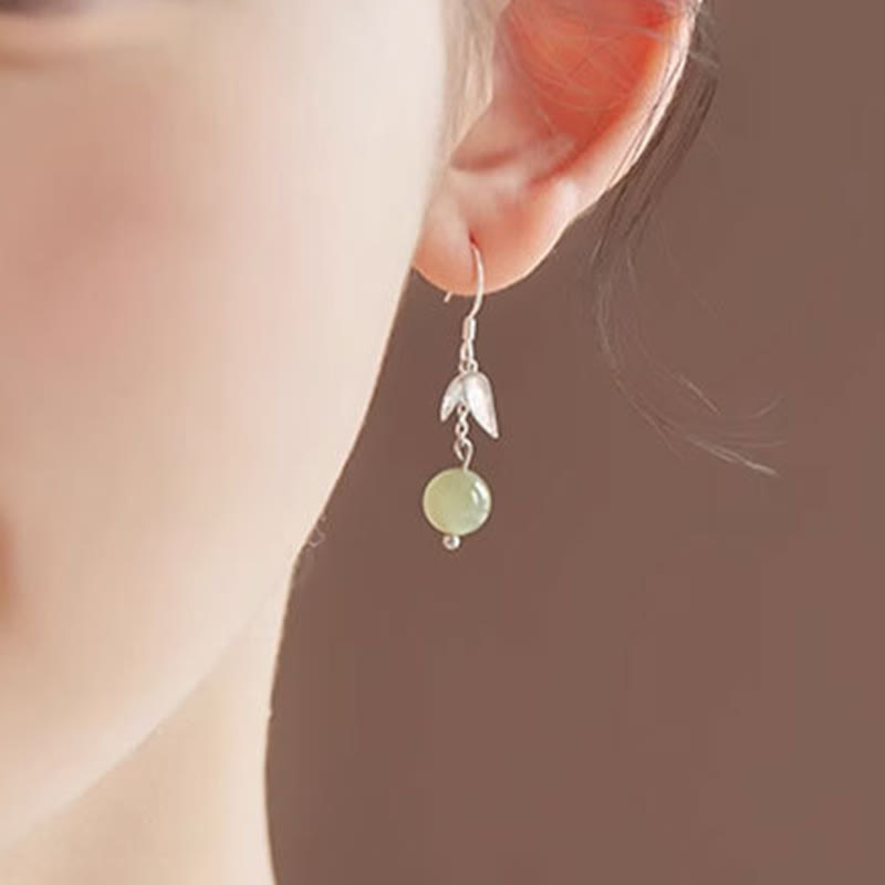 999 Sterling Silver Hetian Jade Bamboo Leaf Luck Drop Earrings